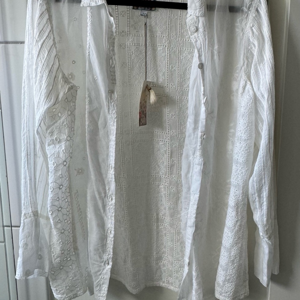 Johnny Was White Blouse with Colorful Embroidery